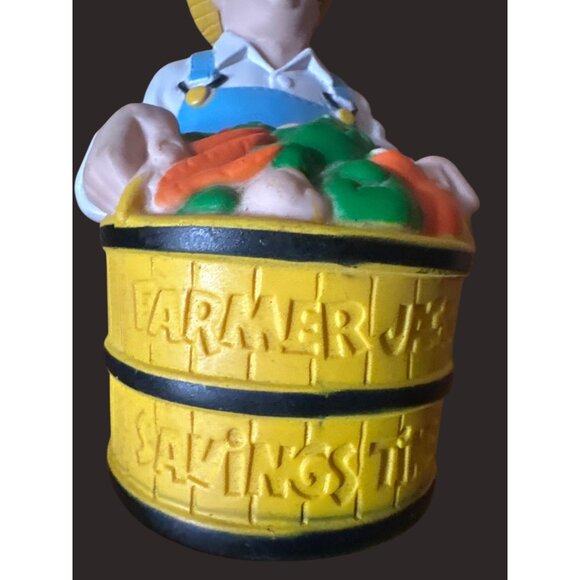 1986 Farmer Jack Coin Bank By Crunch Bird Studios - Yellow Hat & Blue Overalls - Picture 2 of 7